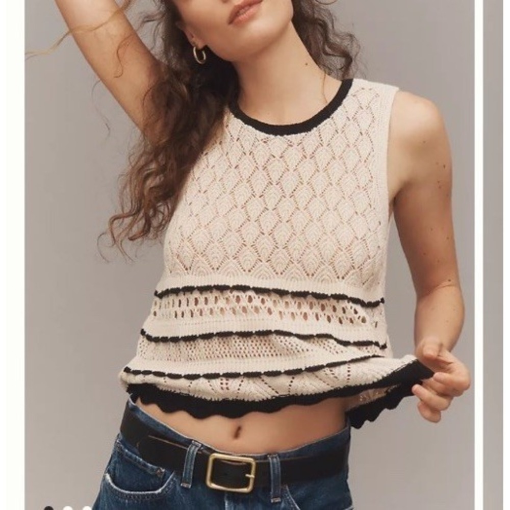 Ellen Tracy Crew-Neck Scallop-Trim Sweater‎ Tank Marshmallow /Black Size Large